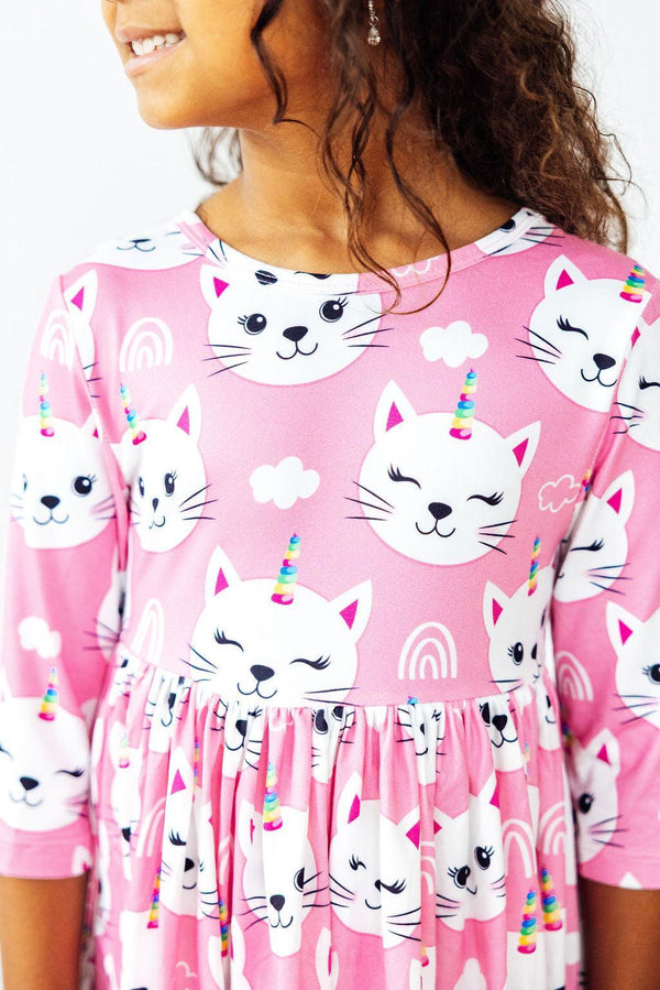 Unicorn Kitties 3/4 Sleeve Pocket Twirl Dress