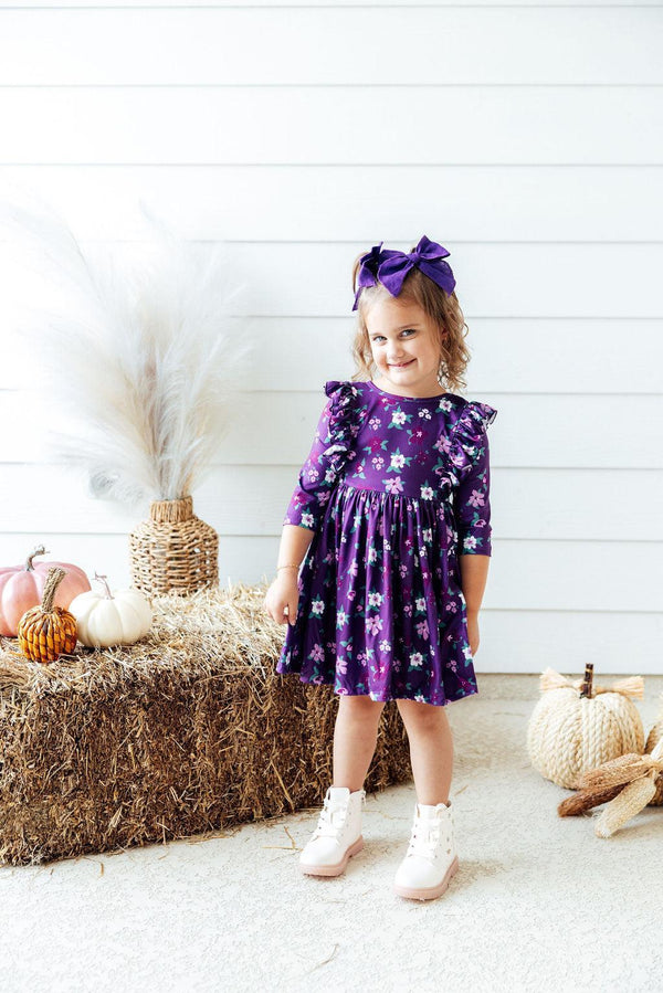 Violets in Bloom 3/4 Sleeve Ruffle Twirl Dress