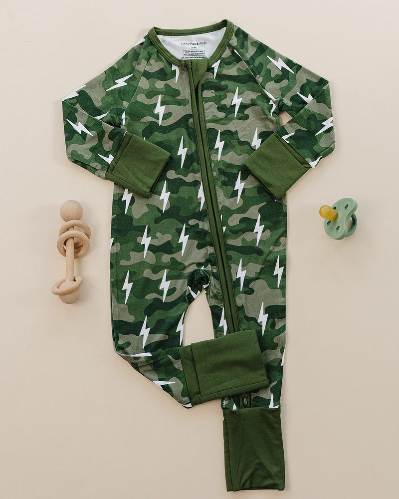Bamboo Zip Romper | Green Camo Bolts