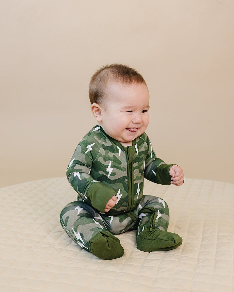 Bamboo Zip Romper | Green Camo Bolts