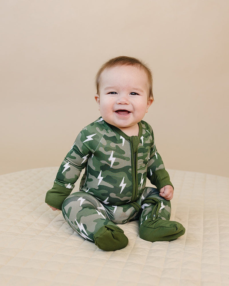Bamboo Zip Romper | Green Camo Bolts