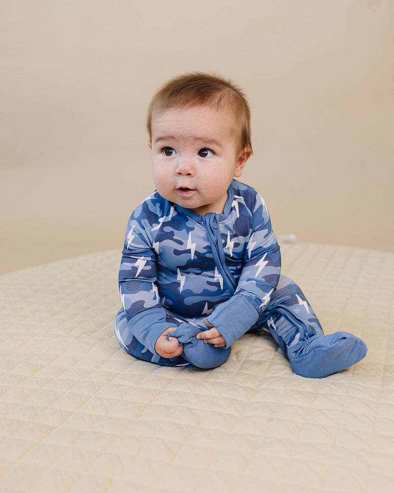 Bamboo Zip Romper | Blue Camo Bolts