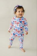 Bamboo Zip Romper  | Red-White & Bows