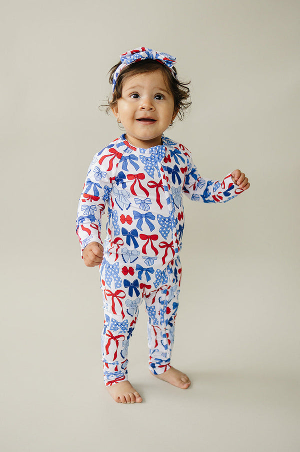 Bamboo Zip Romper  | Red-White & Bows