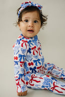Bamboo Zip Romper  | Red-White & Bows