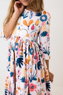 Blush Peony 3/4 Sleeve Pocket Twirl Dress