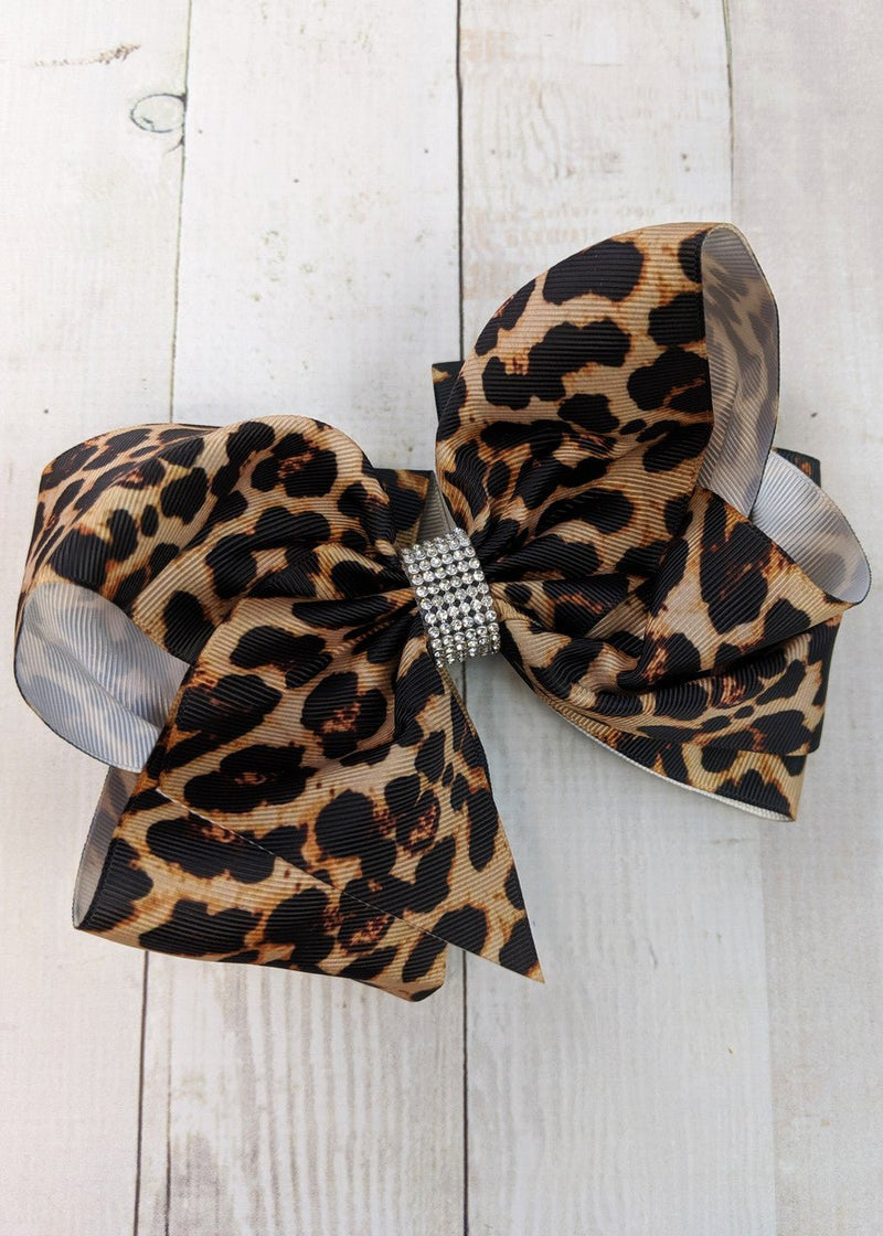 Animal Print Rhinestone Center Bow (Alligator Clip)  6"