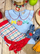 Apple Bow Collar Top & Plaid Ruffle Shorts Set | Girls School Outfit
