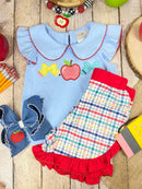 Apple Bow Collar Top & Plaid Ruffle Shorts Set | Girls School Outfit