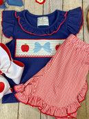 Apple Bow Smocked Top & Stripe Shorts Set | Girls School Outfit