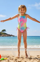 Girls Azura Marble One Piece Swimsuit with Embroidered Trim | Bossier City Kids Swimwear Boutique