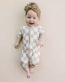Bamboo Shorty Romper | Latte Checkered