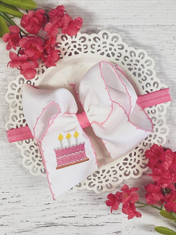 Birthday Cake Embroidered Moonstitch Bow Headband
