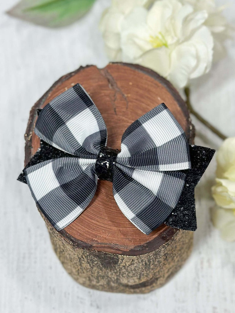 Black & White Glittery Buffalo Plaid Bow: FINAL SALE