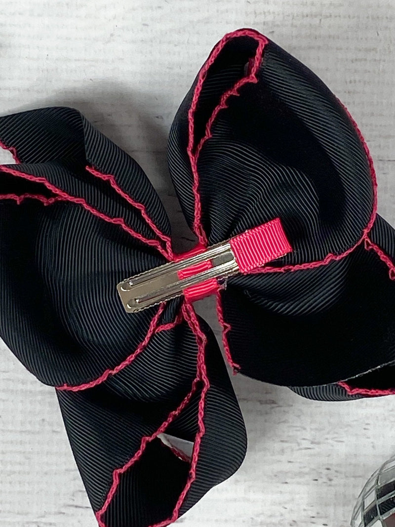 Black with Hot Pink Moonstitch Hair Bow