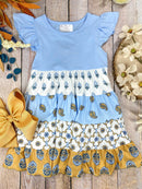 Blue Boho Patchwork Tiered Dress | Girls Floral Ruffle Dress