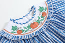 Blue Gingham Pumpkin Smocked Ruffle Bishop Dress