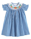 Blue Gingham Pumpkin Smocked Ruffle Bishop Dress