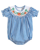 Blue Gingham Pumpkin Smocked Ruffle Bubble Romper