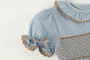 Blue Pinstripe Brown Smocked Ruffle Collar Dress