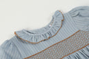 Blue Pinstripe Brown Smocked Ruffle Collar Dress