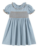 Blue Pinstripe Brown Smocked Ruffle Collar Dress
