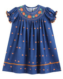 Blue Pumpkin Print Knit Smocked Bishop Dress