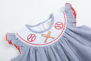 Blue Seersucker Baseball Smocked Bishop Dress