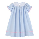 Blue Seersucker Bow Smocked Bishop Dress