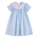Blue Seersucker Bow Smocked Bishop Dress