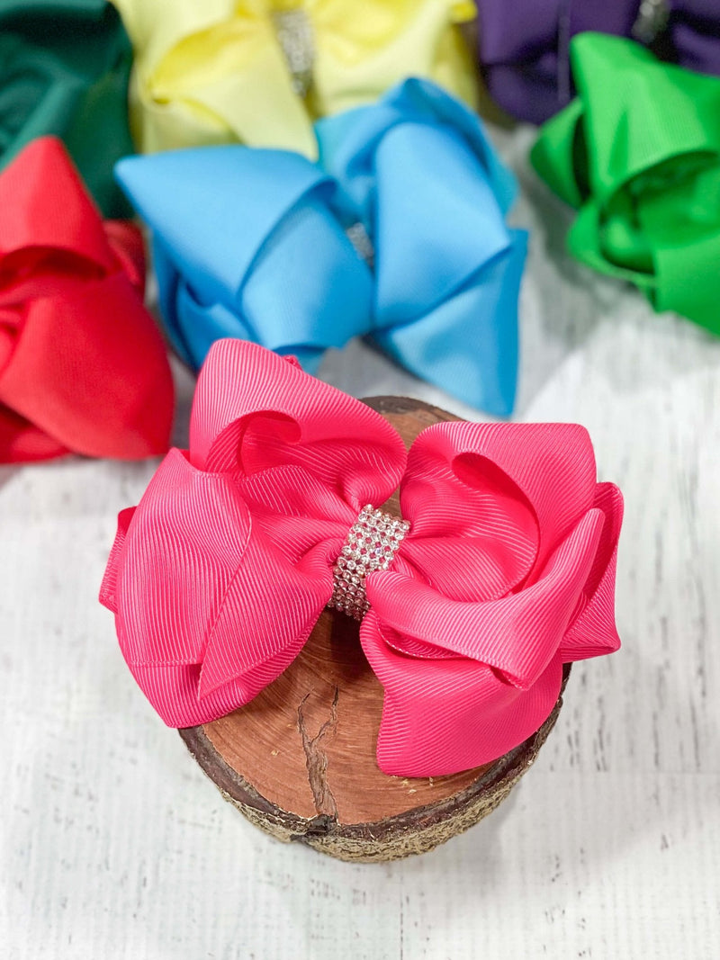 Classic Size Rhinestone Center Hair Bows - Alligator Clip - 4.5"