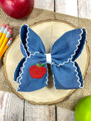 Denim Apple Embroidered Moonstitch Hair Bow | Clip or Headband