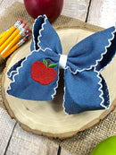 Denim Apple Embroidered Moonstitch Hair Bow | Clip or Headband