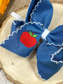 Denim Apple Embroidered Moonstitch Hair Bow | Clip or Headband