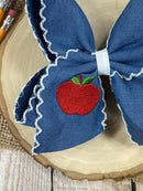 Denim Apple Embroidered Moonstitch Hair Bow | Clip or Headband