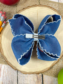 Denim Apple Embroidered Moonstitch Hair Bow | Clip or Headband