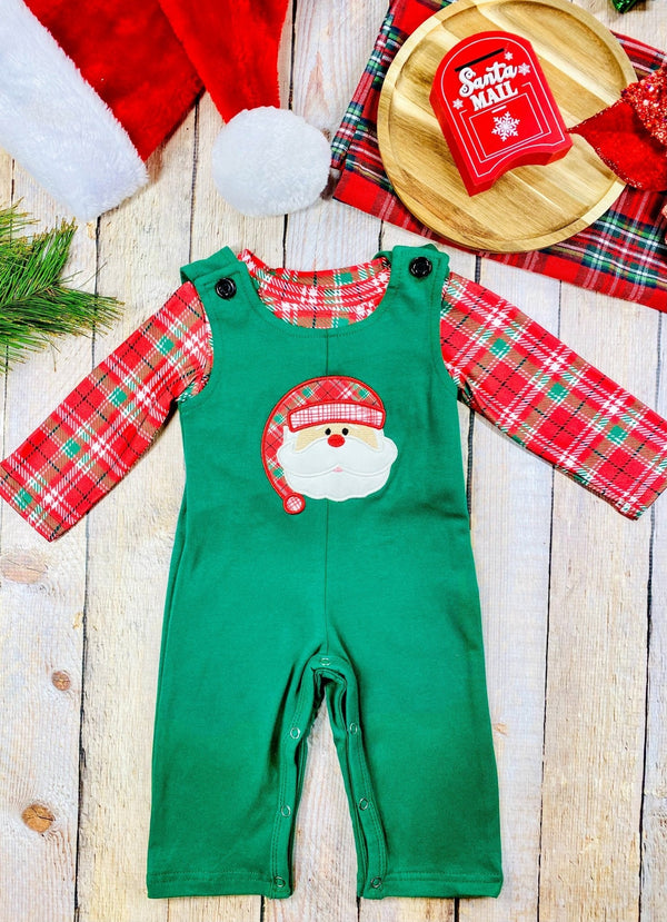 Green Plaid Santa Boys Overall Set
