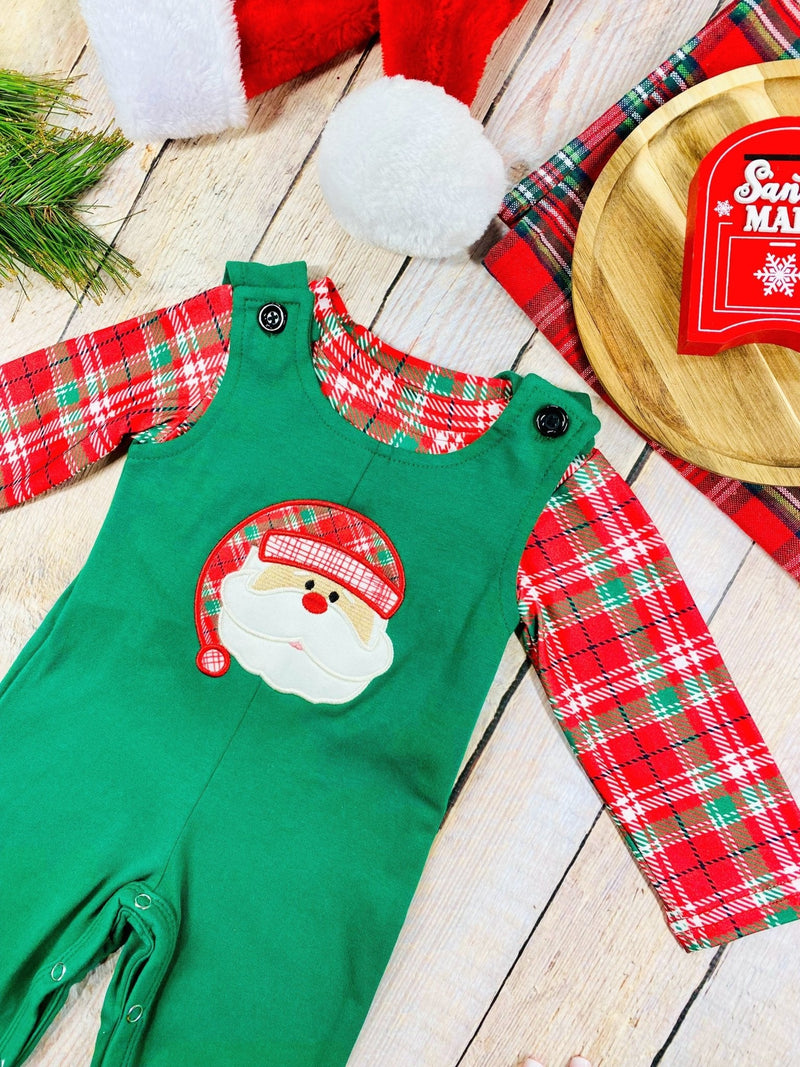 Green Plaid Santa Boys Overall Set