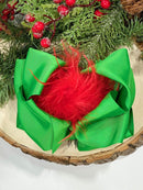 Green & Red Feather Puff Hair Bow - Alligator Clip - 6"