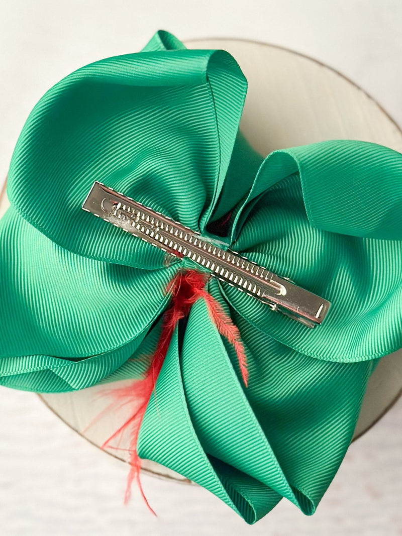 Green & Red Feather Puff Hair Bow - Alligator Clip - 6"