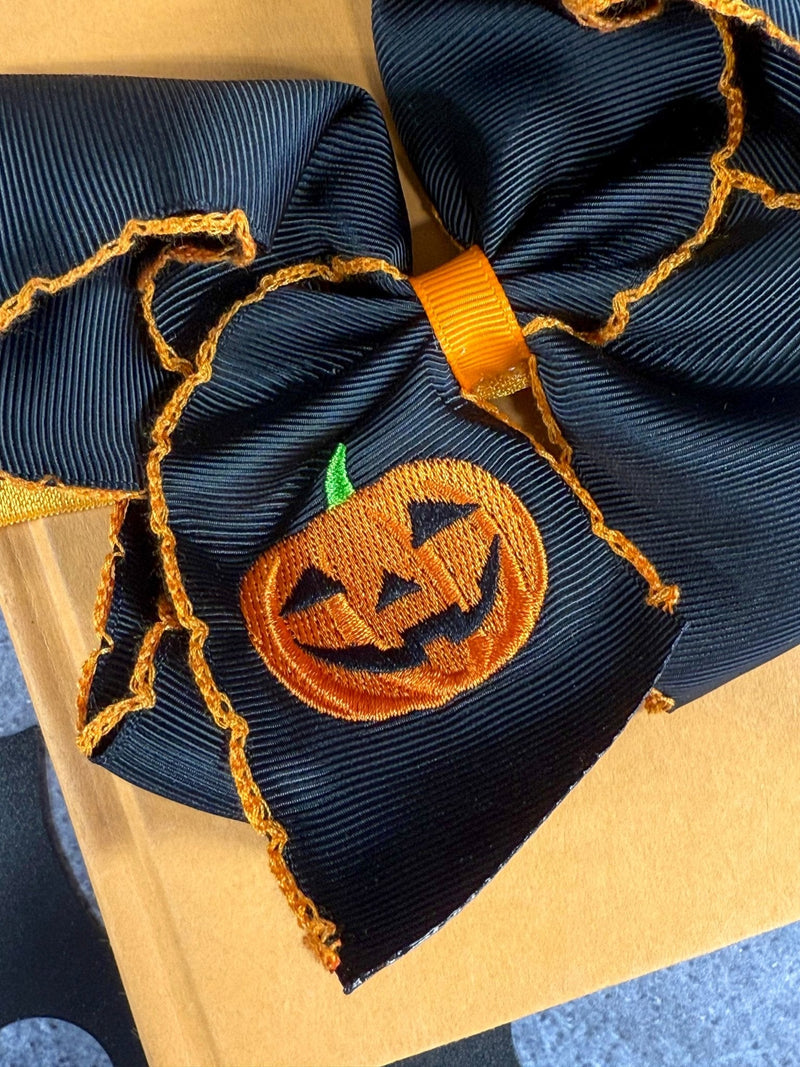 Jack-o-Latern Embroidered Moonstitch Bow Headband