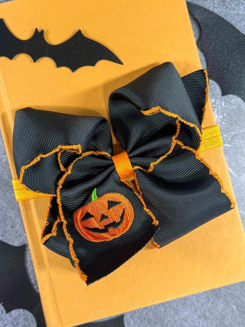Jack-o-Latern Embroidered Moonstitch Bow Headband