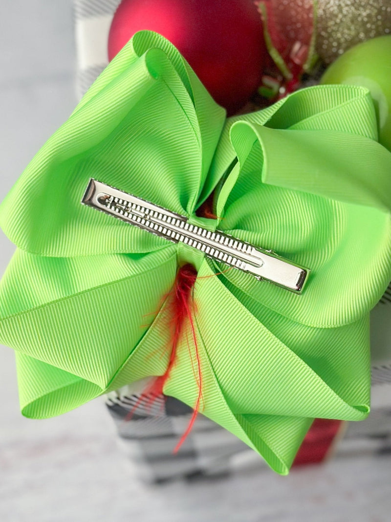 Lime & Red Feather Puff Hair Bow - Alligator Clip - 6"