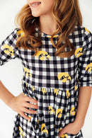 Iowa Plaid Tigerhawk 3/4 Sleeve Pocket Twirl Dress
