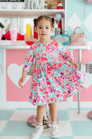 Watercolor Hearts 3/4 Sleeve Pocket Twirl Dress
