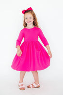 Hot Pink 3/4 Sleeve Pocket Twirl Dress