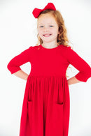 Red 3/4 Sleeve Pocket Twirl Dress