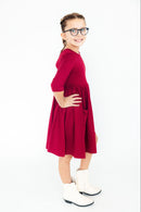 Burgundy 3/4 Sleeve Pocket Twirl Dress