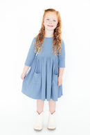 Dusty Blue 3/4 Sleeve Pocket Twirl Dress