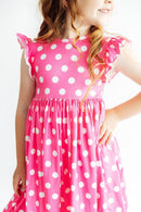 Pink Polka Dots Flutter Sleeve Twirl Dress
